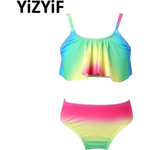 Tankini Kids Girls Swimsuit Gradient Color Swimwear Bathing Suit Set Ruffled Tops With Briefs Bottoms Children Summer Beachwear
