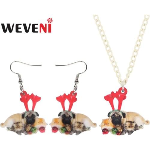 WEVENI Acrylic Christmas Persian cat Bulldog Dog Jewelry Set Necklace Earrings Jewelry For Women Girls Gift Decoration Accessory
