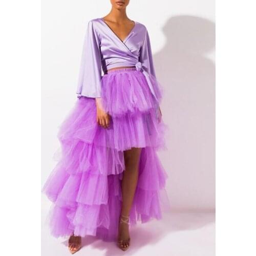 Lavender Tiered Tulle Hi Low Skirt for Women Ruffle Tulle Hi Low Tutu Elastic Waistline Prom Party Skirt Asymmetrical Maxi Skirt