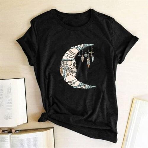 Vintage Women T Shirt Retro Feather Moon Skull Print Tee Shirt Femme Short Sleeve O-neck Summer Loose Top Women Clothes Harajuku