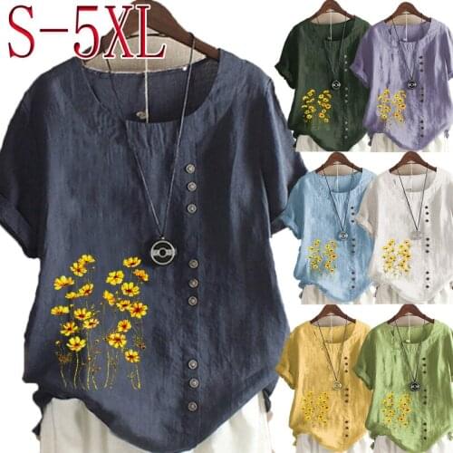 Womens Linen Shirt Round Collar Flower Printed T-shirt Short Sleeve Casual Shirt Ladies Plus Size Looes Tops & Blouses