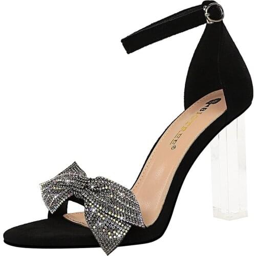 2021 Women Summer Black Sandals Butterfly-knot Square Heel Ladies Party Dress Shoes Open Toe Sexy Transparent heel Dance Shoes