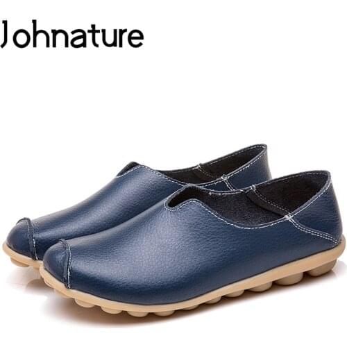 Johnature 2020 New Spring/autumn Round Toe Solid Shallow Sewing Soft Sole Casual Comfortable Loafers Women Genuine Leather Flat