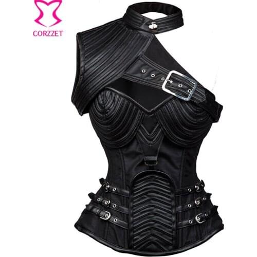 Black Leather Vintage Armor Corset Steampunk Korsett For Women Plus Size Burlesque Costumes With Hatlter Shoulder Bolero 3XL-6XL