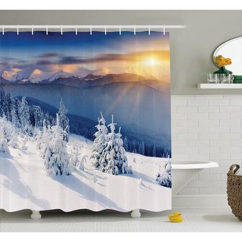 Winter Decorations Shower Curtain Fantastic Disappearance of Sunrise in Mountain Tops Dramatic Sky Alpine Bathroom Curtains