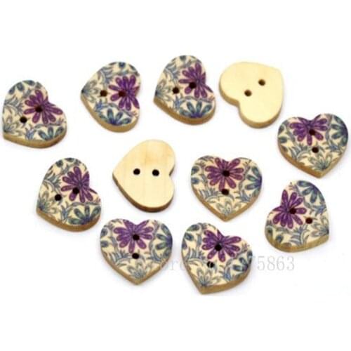 50 Pcs 18mm Flower Printed 2 Holes Wooden Heart Buttons, for Sewing, Scrapbooking Crafts , 7NK73