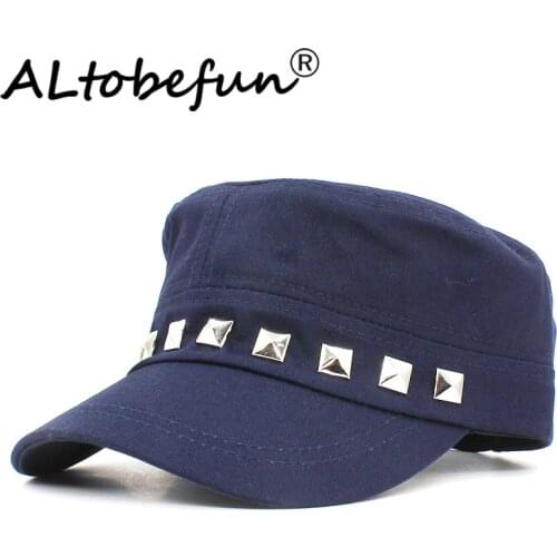 ALTOBEFUN Classic Vintage Rivet Men Military Hat Adult Fashion Summer Autumn Brand Adjustable Flat Top Cap For Women AD926