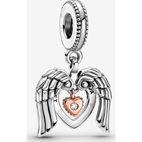 Free Shipping 925 Sterling Silver Club 2021 Angel Wings Heart Dangle Charm Fit Original Pandora Bracelet For Women DIY Jewelry