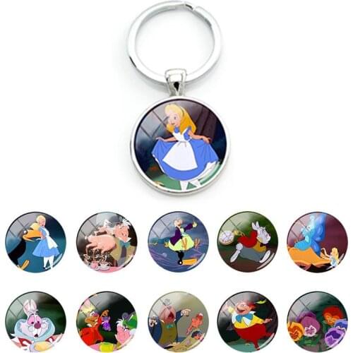 Disney Alice in Wonderland Anime Keychains Flat Bottom Pendant Glass Cabochon Keychains for Women Gifts Key Ring Jewelry DSN527