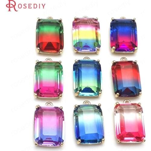 C474)6 pieces 20x13mm 24K Champagne Gold Color Brass Glass Colorful Rainbow Rectangle Charms Pendants Accessories