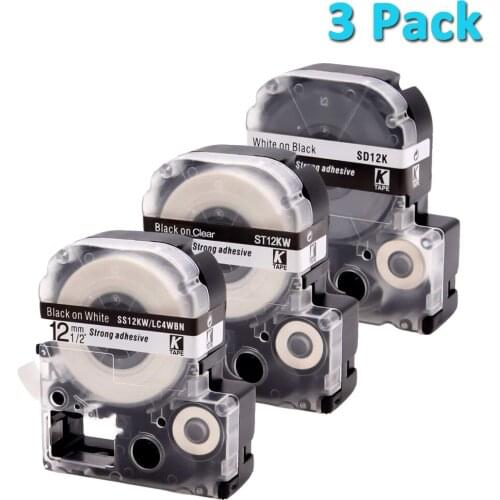 CIDY 3pcs SS12KW ST12KW SD12KW 12MM label tape ribbon for kingjim/epson label maker SR150 LW300 LW400 LW-700P