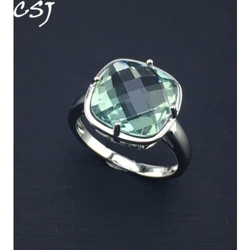 CSJ Green Amethyst Rings Sterling 925 Silver Natural Gemstone Cushion 12mm Women Lady Wedding Engagment Party Gift Box