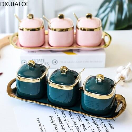 DXUIALOI Nordic Light Luxury Ceramic Seasoning Jar Three-piece Household Seasoning Bottle Salt Sugar Bowl Kitchen Seasoning Box