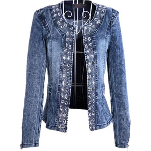 Denim Jackets for Women Rhinestone Paillette Woman Coats Blaser Vintage Water-Wash Casual Lady Jeans Cardigan Jaqueta Feminina