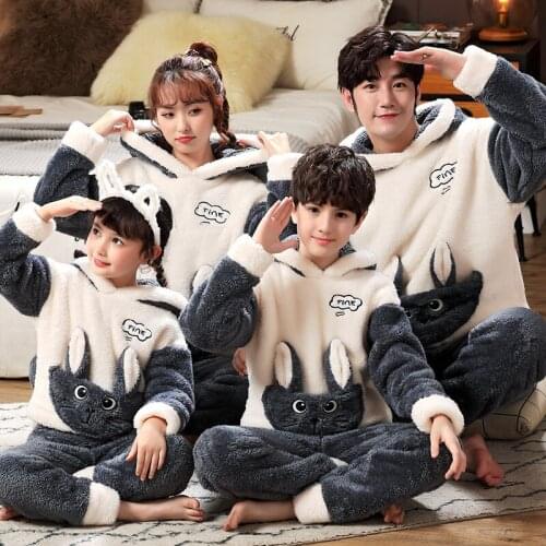 Flannel Pajamas Set Family Outfits Warm Cute Cartoon Parent-Child Sleepwear Winter Coral Women Men Kid Thick Pajamas