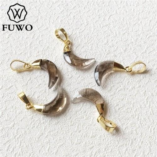 FUWO Natural Yellow Quartz Pendant With Gold Trimmed Crescent Crystal Jewelry For Necklace Making 5 pieces/lot PD309