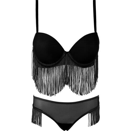 Filled Underwire Thong Tasseled Black Bra Set sexy set made in turkey