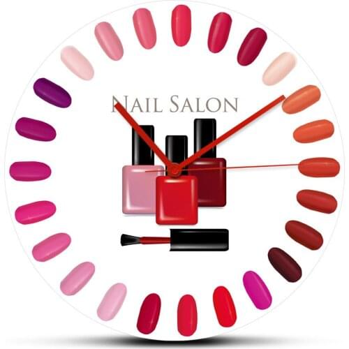 Beauty Salon Nail Polish Palette Bottle Design Modern Acrylic Wall Hanging Clock Manicure Nails Studio Wall Art Decorative Watch