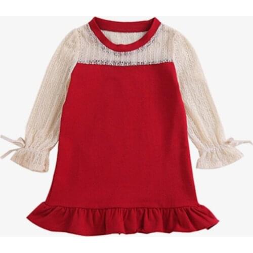 2019 Hot sale children girls spring dress clothing Kids fashion long sleeve lace cotton patchwork dress for girls 3-8 years