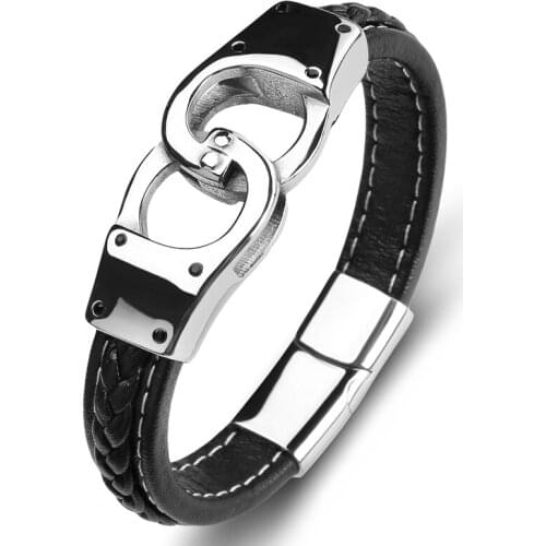 Trendy Multicolor Leather Bracelet Men Punk Rock Jewelry Stainless Steel Handcuffs Bangle Male Wristband Gift for Boyfriend P117