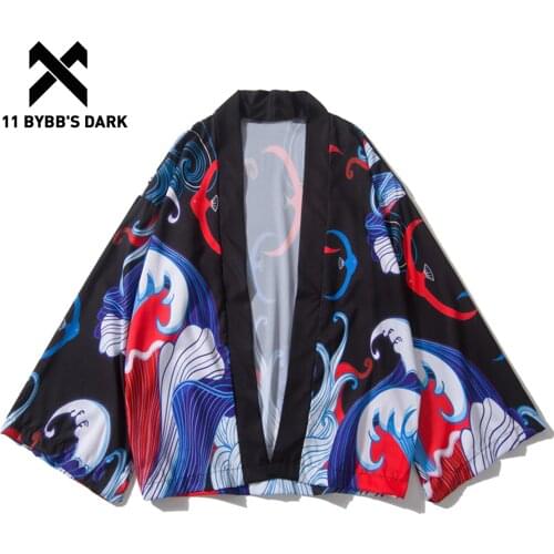 11 BYBBS DARK Summer Kimono Streetwear Beach Sunscreen Jacket Wave Print Open Stitch Jackets Men Three Quarter Sleeve Overcoat