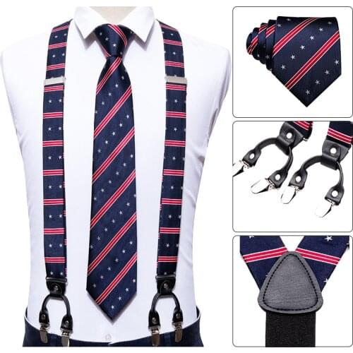 Men Silk Suspenders Set 6 Clip-on Braces Elastic Y-Shape Adjustable Red Black Suspenders Necktie Cufflinks Hanky Set Barry.Wang