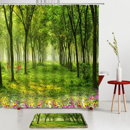 Forest Landscape Shower Curtains Set Green Plants Printing Bath Mats Room Decoration Entrance Door Mat Bathroom Screen Carpet
