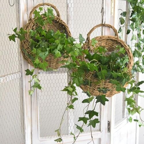 Handmade Wicker Woven Basket Wall Mounted Dried Flower Container Hanging Woven Rattan Vase Garden Balcony Decoration