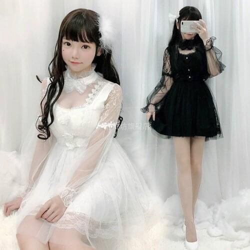 2021 New Japanese Sexy Girl Long-Sleeved Dress New Soft Girl Lace Mesh Tulle Tutu Skirt Thin Little Black Dress Dress