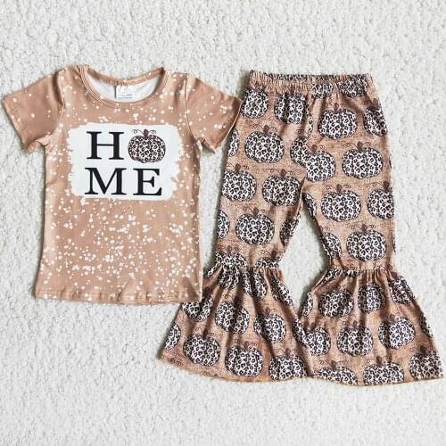 Toddler Girl Costume Set Letter Pattern Tie Dye Brown T-shirt Pumpkin Pattern Bell Pants Girl Halloween Costume Boutique