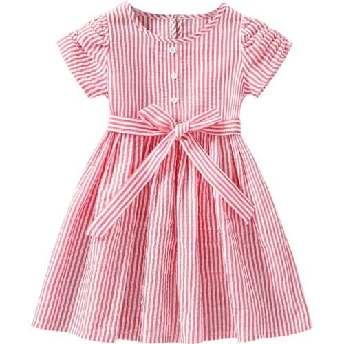Pudcoco 2-6Y Dress Summer Lovely Kids Girls 5 Colors Stripe Printed Knee-Length A-Line Sundress O-Neck Clothes Outfit