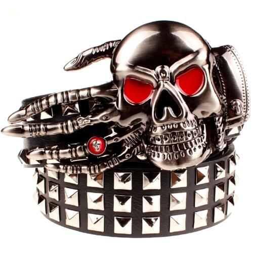 Full big rivet belt skull ghost hand gods metal buckle belts devil eyes bone ghost claw belt punk rock style show girdle men