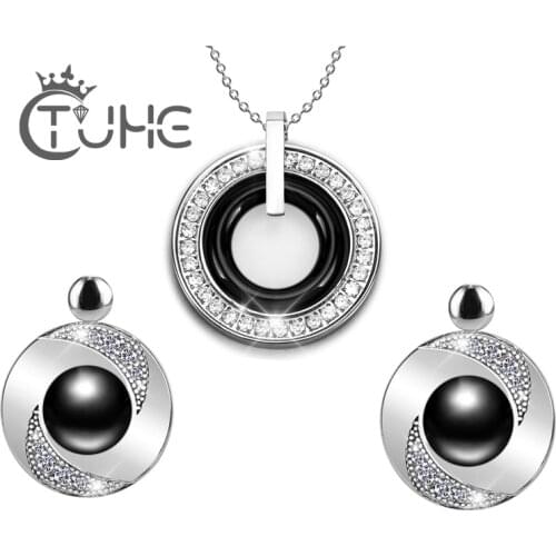 Luxury Crystal Jewelry Sets Big Circle Crystal Circle Ceramic Pendant Necklace Big Over Size Ceramic Stud Earrings Wedding Gift