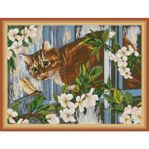 Joy Sunday Needlework,DMC Cross Stitch Full Embroidery Kit Animals and Plants White Canvas DIY Cross Stitch Print Pattern Gift