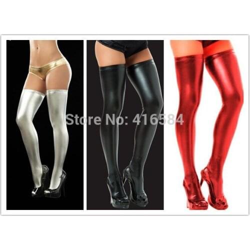 Sexy Faux Leather Stockings Metal Shiny Red/Black/Silver Thigh High Stockings for Women Fetish or Dance Accessory