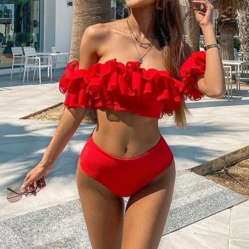 Sexy Red Ruffle Women High Waist Swimwear Bikini 2 Piece Fashion One Shoulder Biquini 2021 New Summer Beach Wear Brazil Swimsuit