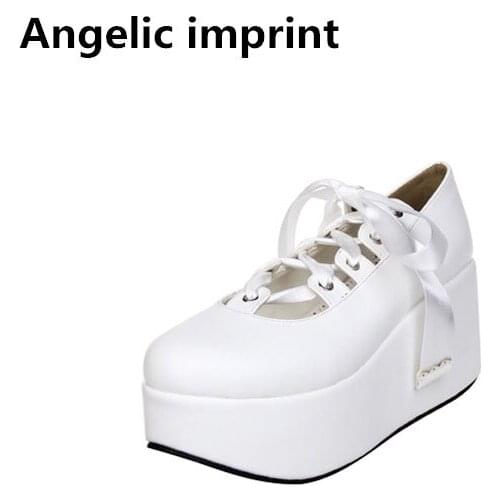 Angelic imprint woman mori girl lolita cosplay shoes lady high heels pumps wedges women princess white dress party shoes riband