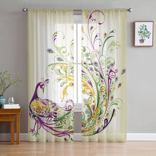 Peacock Flowers Abstract Art Tulle Window Curtain for Living Room Modern Sheer Curtain for Bedroom Kitchen Drapes Custom