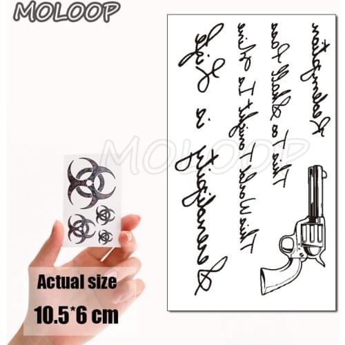 Water Transfer Sexy Black Letter Pistol Tattoo Body Art Waterproof Temporary Fake Flash Tattoo for Man Woman Kid 10.5*6 Cm