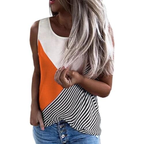 Women Casual Tops O Neck Contrast Color Stripe Print Patchwork Sleeveless T Shirt Ladies Loose Plus Size Streetwear Tee Shirts