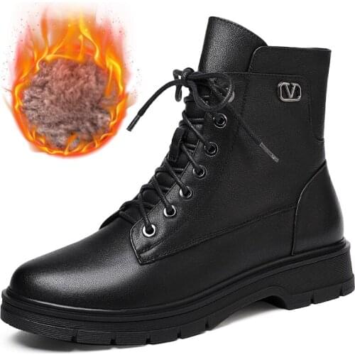 Autumn Winter Ankle Women Boot Shoe Genuine Leather Warm Wool Short Plush Elegant Large Size Footwear Boots Black Lace Up A74