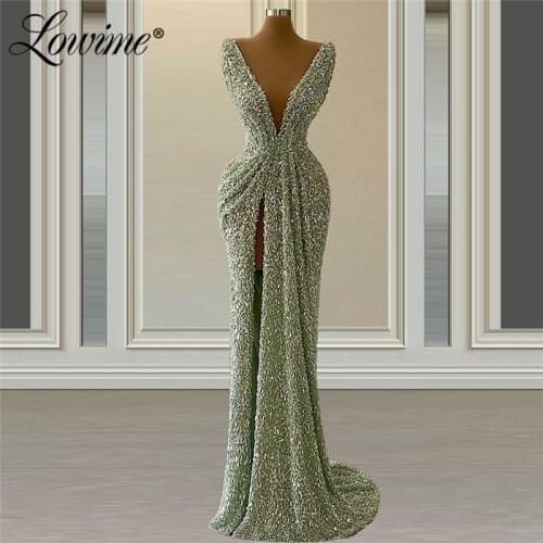 Lowime Deep V Neck Sequins Dubai Long Evening Dresses 2021 Customized Islamic Middle East Women Arabic Dubai Party Prom Dresses