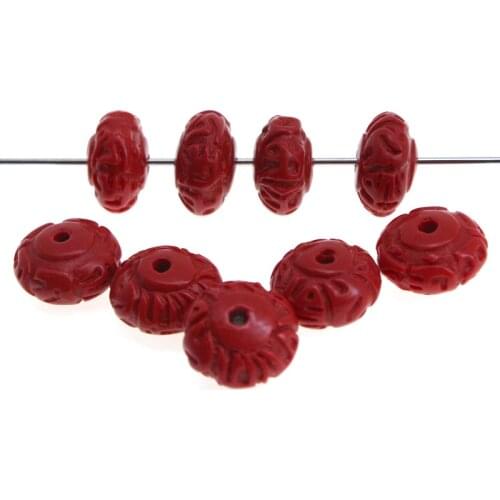 20pcs/lot 12mm Carved Cinnabar Red Beads Oval UFO Stone Beads Loose Spacer Beads for Jewelry Making DIY Charm Bracelet Findings