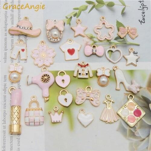 25pcs/pack Mix Shape enamel alloy charms lipstick bow Heart flower hat package pendant Earrings Necklace Pendant keychain Gift