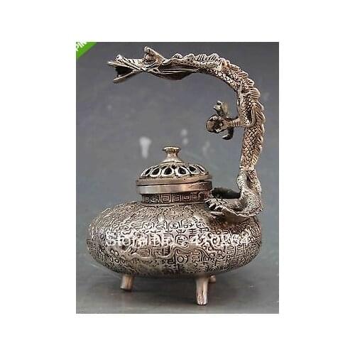Free sHIPPING 5.5 inch Tibet Buddhism White Copper Silver Dragon Censer incense burner Statue