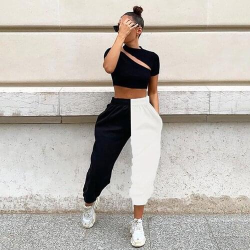 Black White Patchwork Trousers High Waist Contrast Color Casual Pants Loose Sporty Streetwear Slim Straight Female Trousers