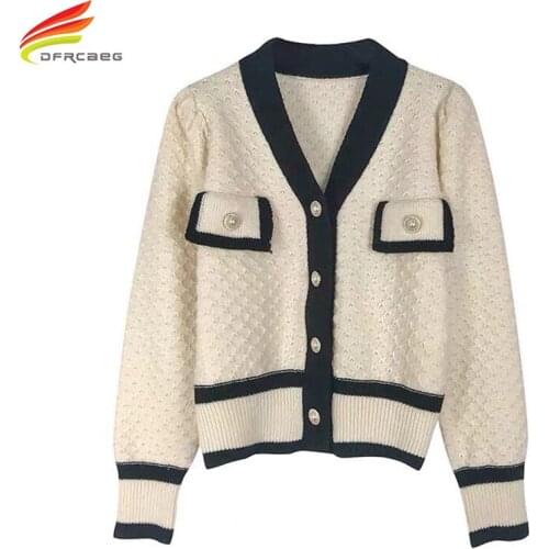 New 2021 Autumn Winter Womens Sweaters V-Neck Patchwork Black Or White Cardigan Casual Korean Knitwear Women Outwear Sweater