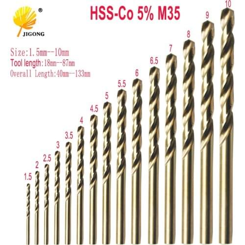 15pcs/set HSS-CO 1.5-10mm High Speed Steel HSS-Co 5% M35 Cobalt Twist Drill Bit 40-133mm Length Wood Metal Drilling Top Quality
