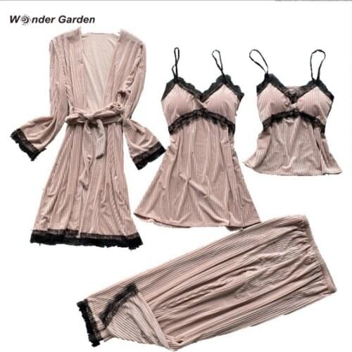 Wonder Garden Fshion Velvet Pajamas Set Woman Warm Sleepwear Letter Printing Casual Four-piece Suit Fall Winter Belt Nightwear