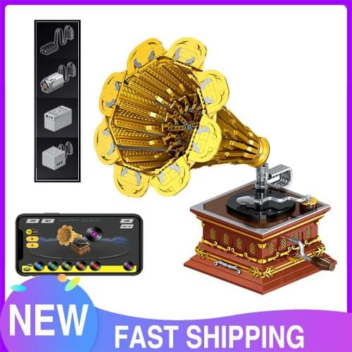 Technical APP RC Classic Phonograph Model Building Blocks Music Record Player Bricks Toys Birthday Gift for Boys